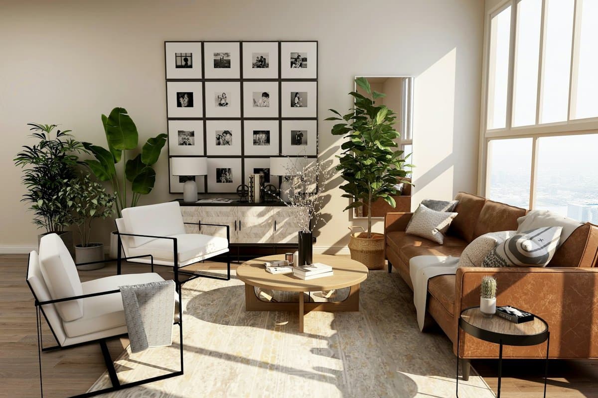 Luxury executive lounge with leather seating, wood finishes, and city skyline windows